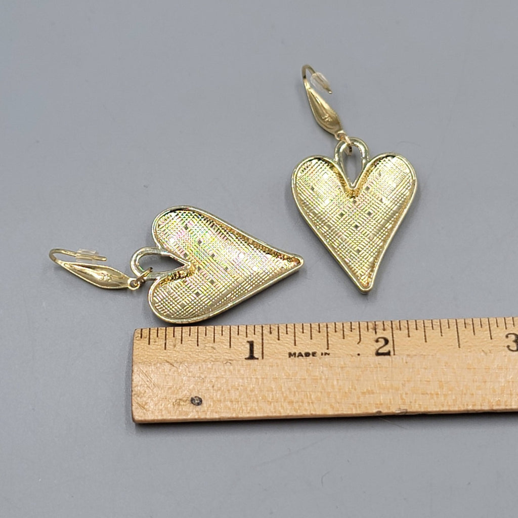 Brown Enamel Checkered Heart Pierced Earrings Gold tone Dangle Large 1.5"