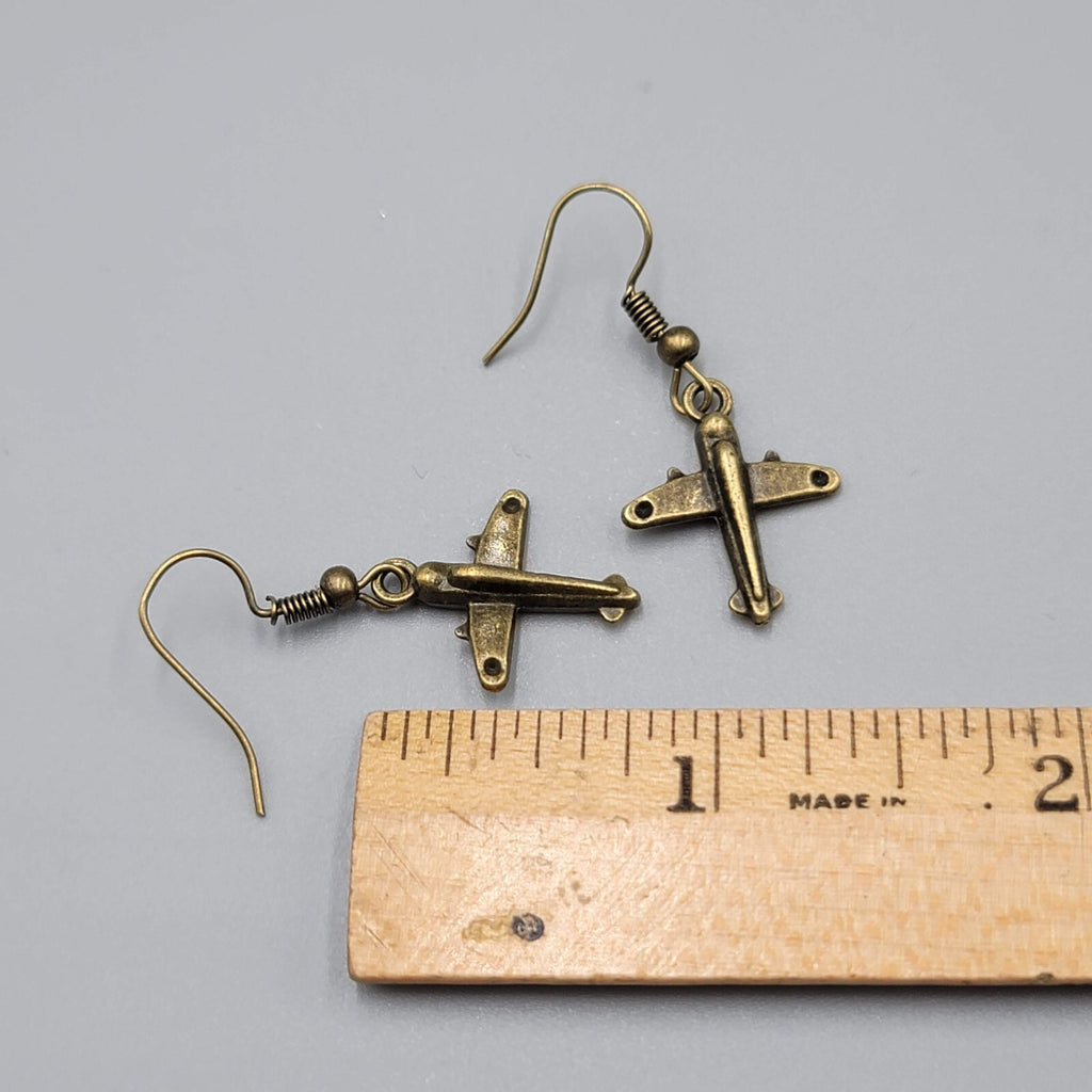 Airplane Pierced Earrings Bronze tone Dangle NEW 3/4"