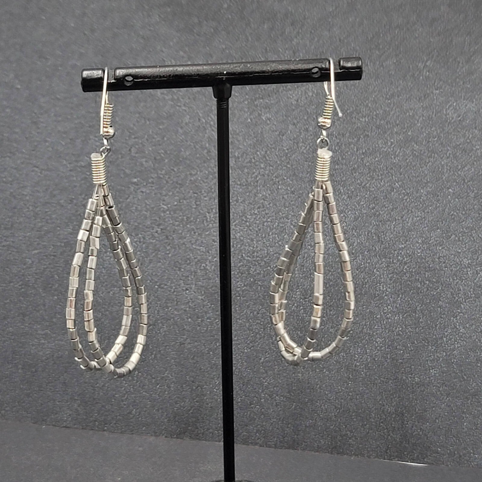 Pierced Earrings Silver tone Barrel Bead Loops 2"
