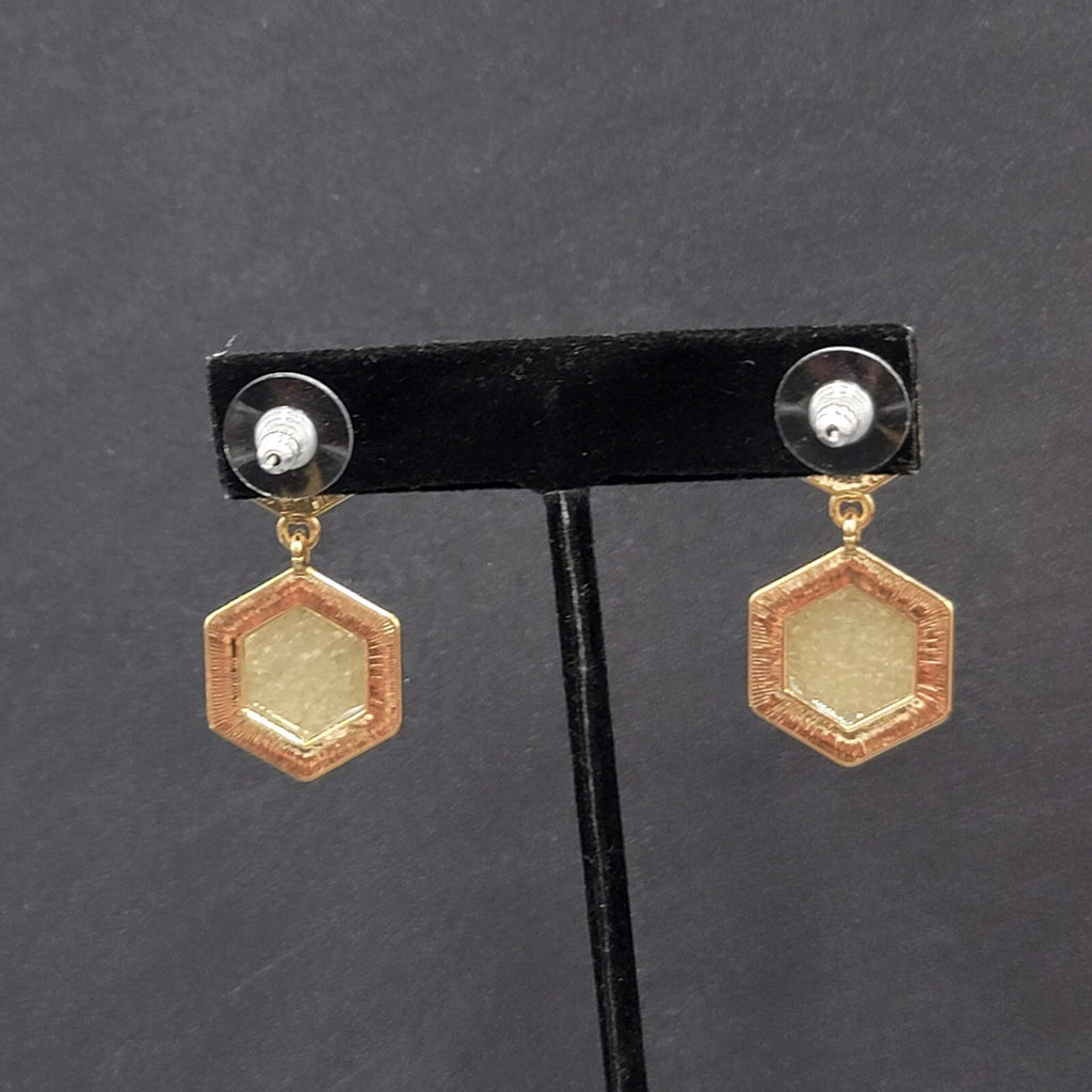 Sugar Fix Pierced Earrings Acrylic Pink Druzy Hexagon Dangle Gold tone 1.5"