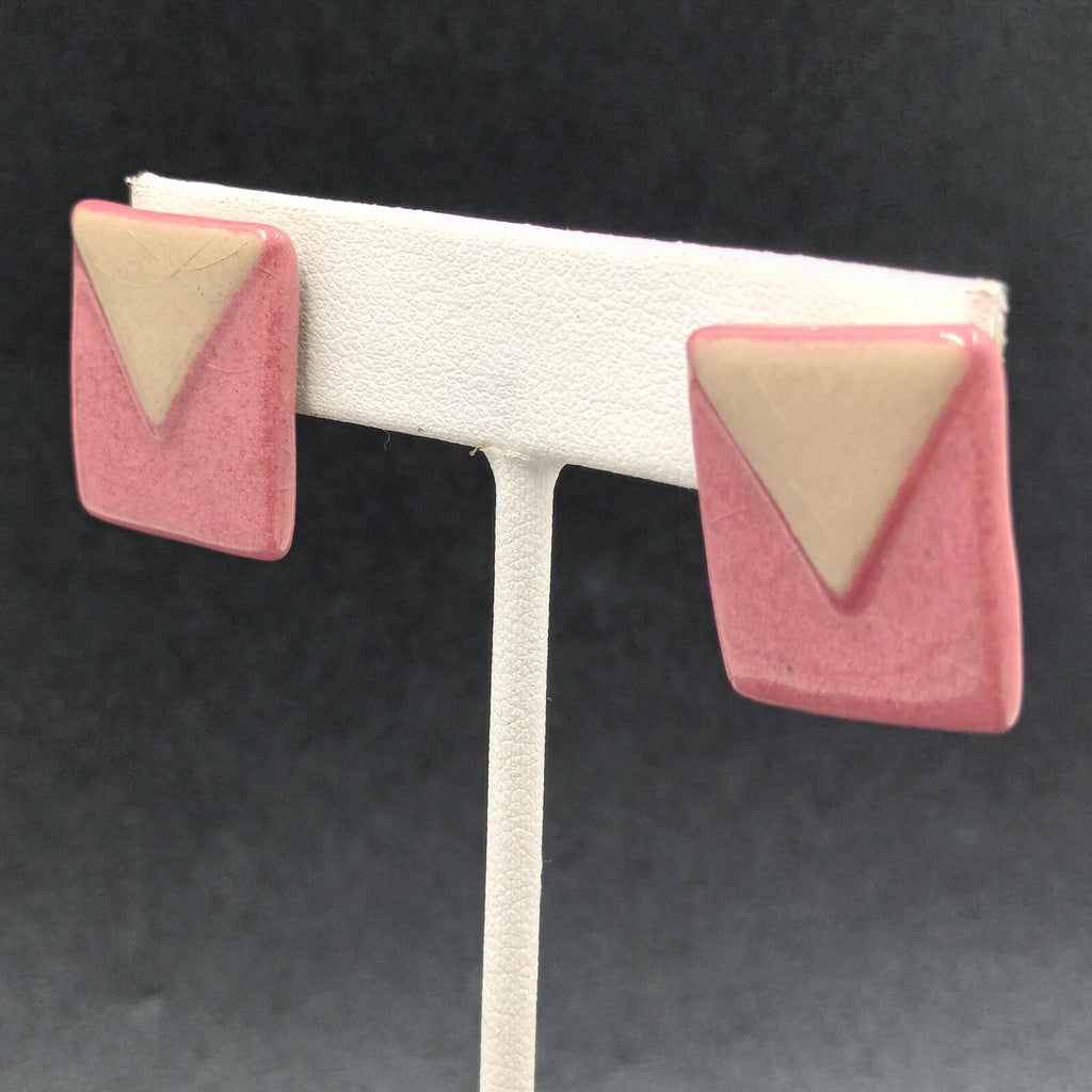 Vintage Pierced Earrings Pink Brown Geometric Ceramic Tile Rectangle Drop 7/8"