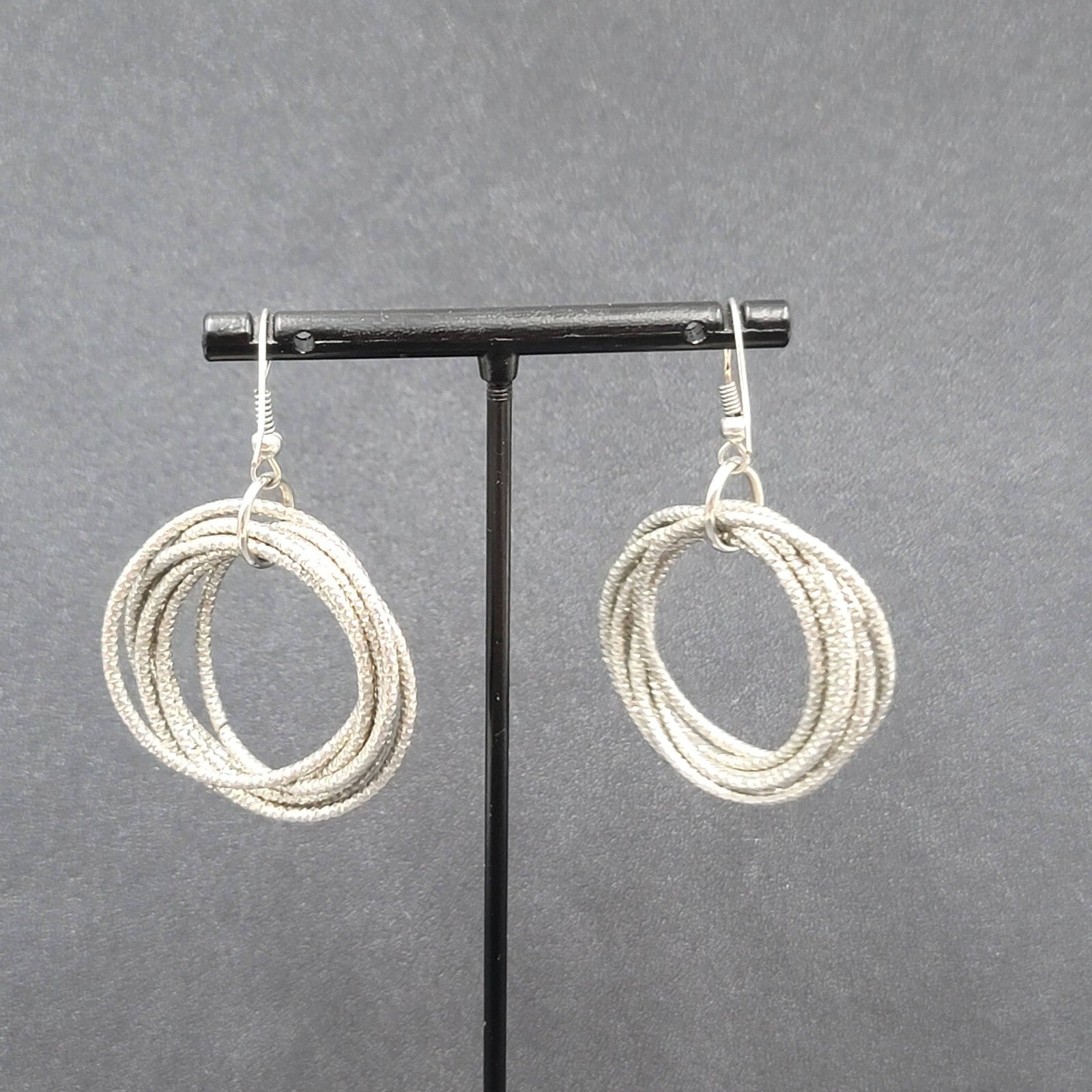 Pierced Earrings Silver tone Textured Multi Hoops Dangle 1.5"