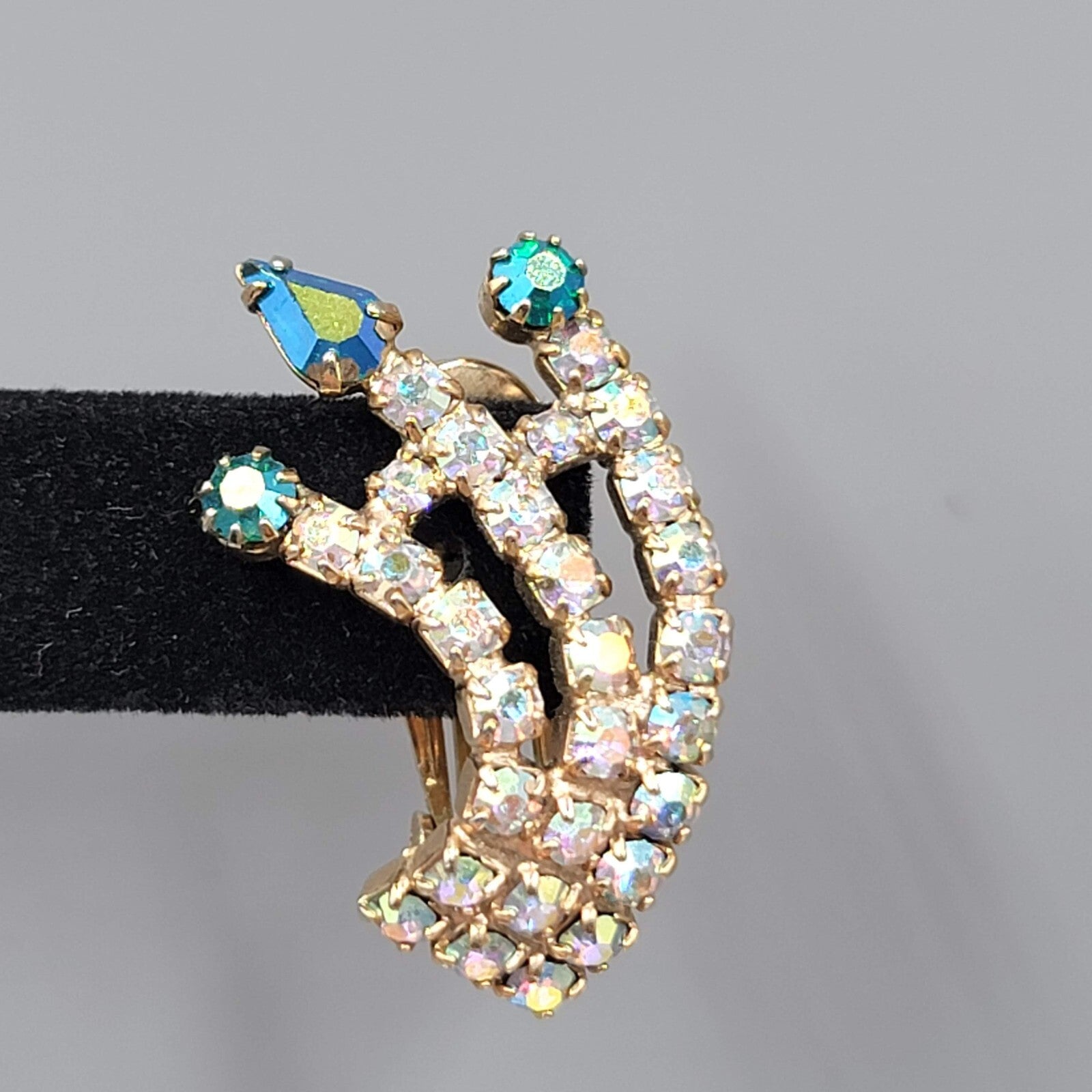 Vintage Clip on Earrings Multicolor AB Rhinestone Climber Spray 1 3/8"