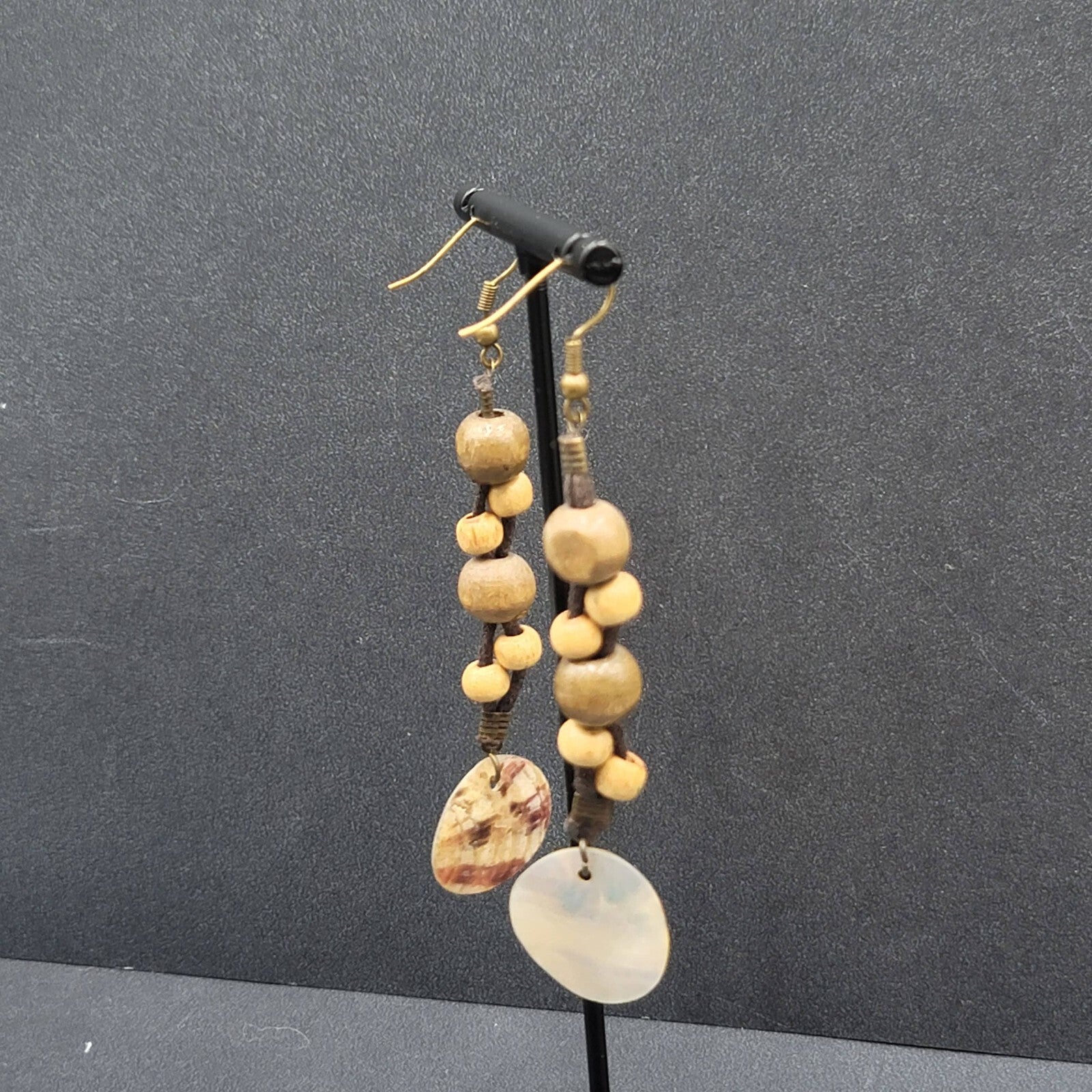 Boho Pierced Earrings Brown Cord Wooden Bead Shell Dangle 3"