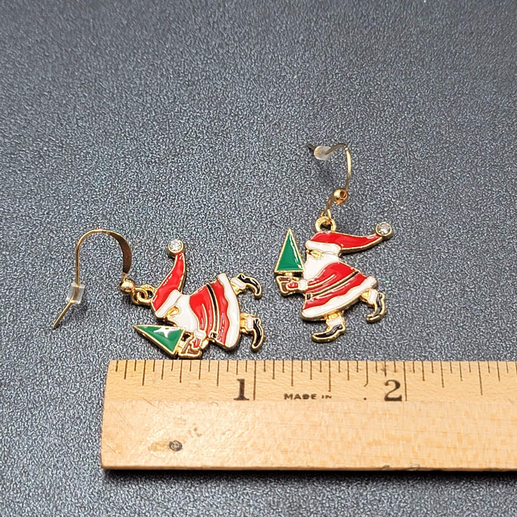 Christmas Pierced Earrings Santa Claus Gold tone Enamel Dangle 1"