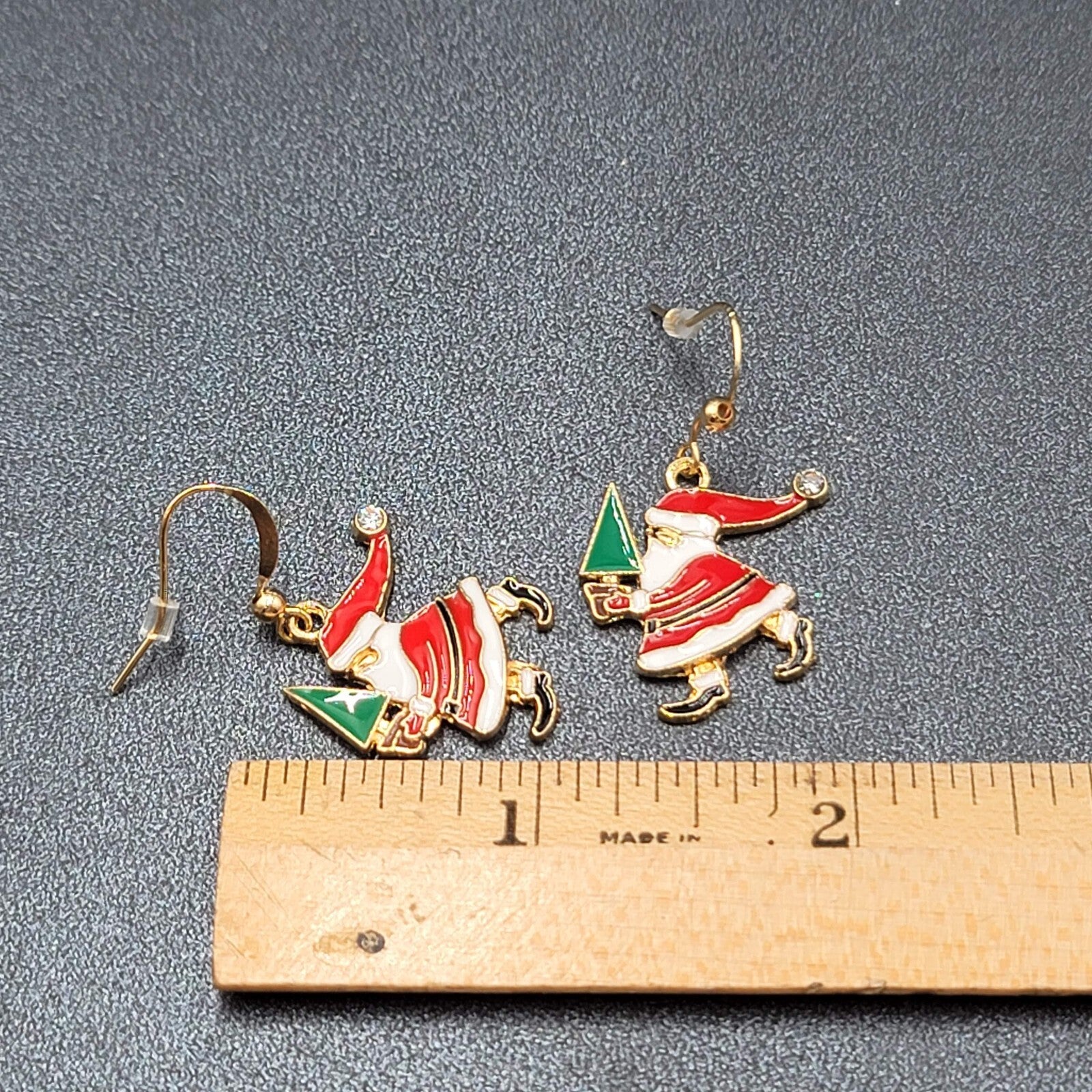 Christmas Pierced Earrings Santa Claus Gold tone Enamel Dangle 1"