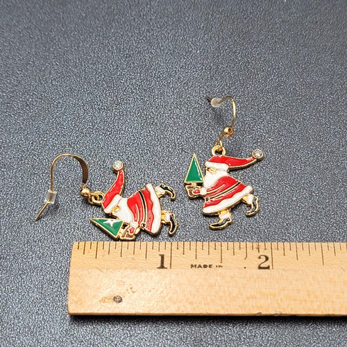 Christmas Pierced Earrings Santa Claus Gold tone Enamel Dangle 1"