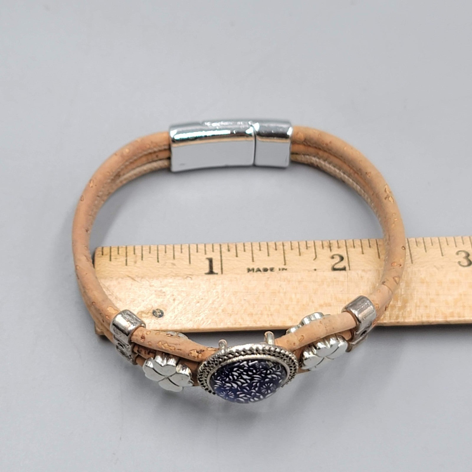 Cork Bracelet Blue Glass Cabochon Magnetic Clasp 7 in