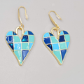 Blue Enamel Checkered Heart Pierced Earrings Gold tone Dangle Large 1.5"