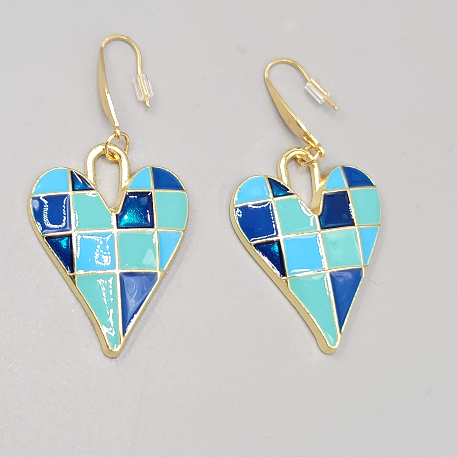 Blue Enamel Checkered Heart Pierced Earrings Gold tone Dangle Large 1.5"