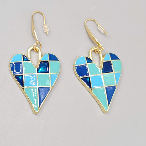 Blue Enamel Checkered Heart Pierced Earrings Gold tone Dangle Large 1.5"