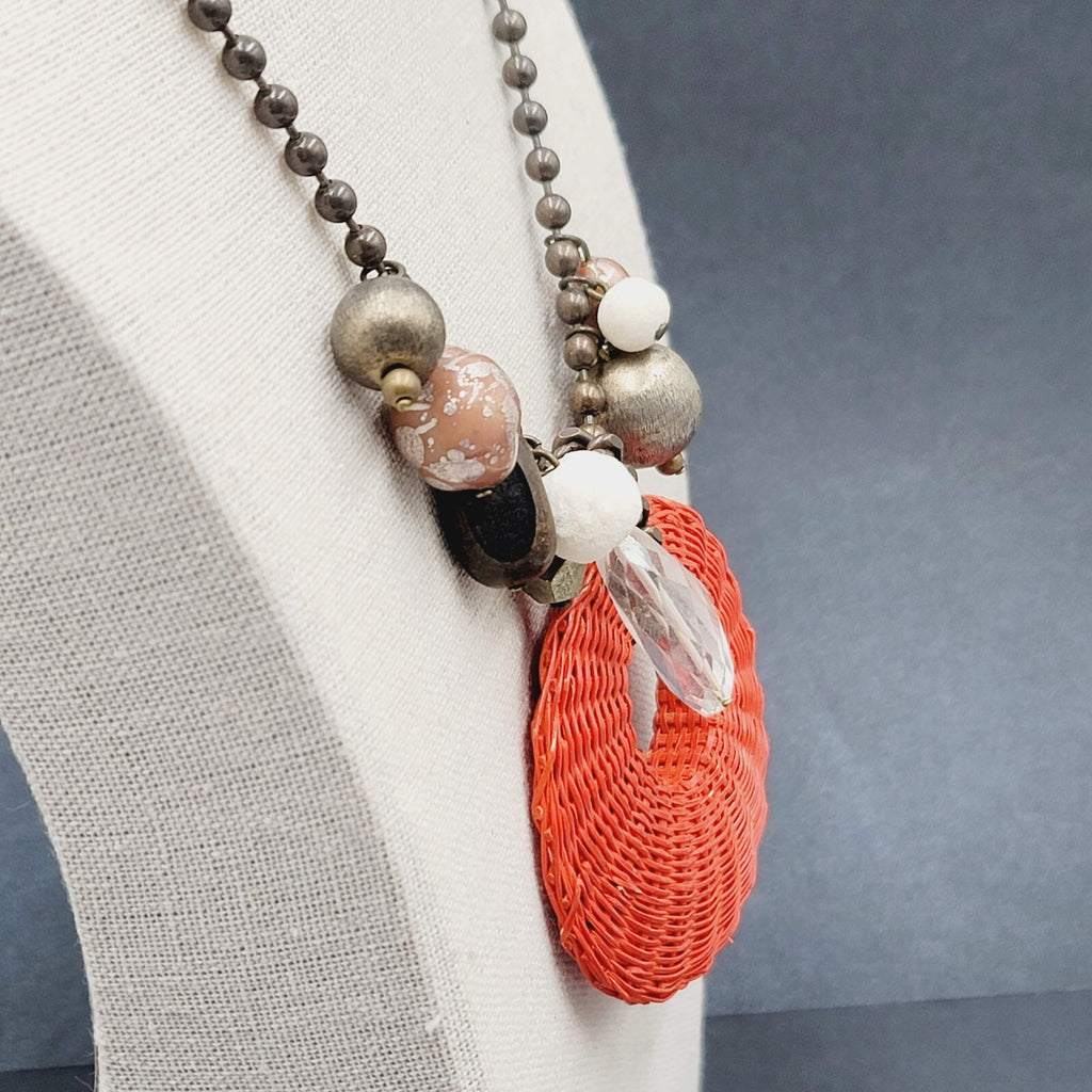 Orner Necklace Made in France Ball Chain Weaved Pendant Artisan Boho 17"