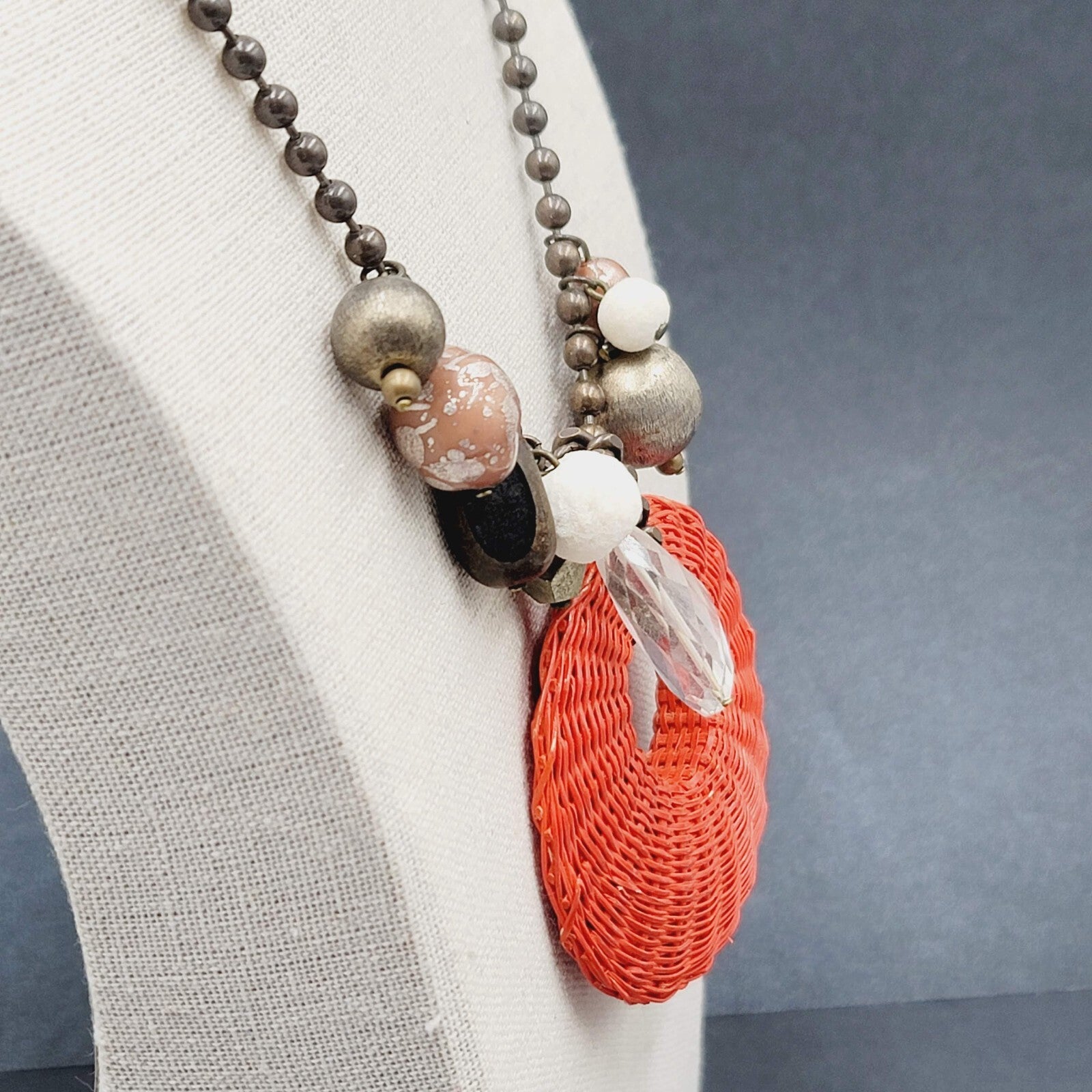Orner Necklace Made in France Ball Chain Weaved Pendant Artisan Boho 17"