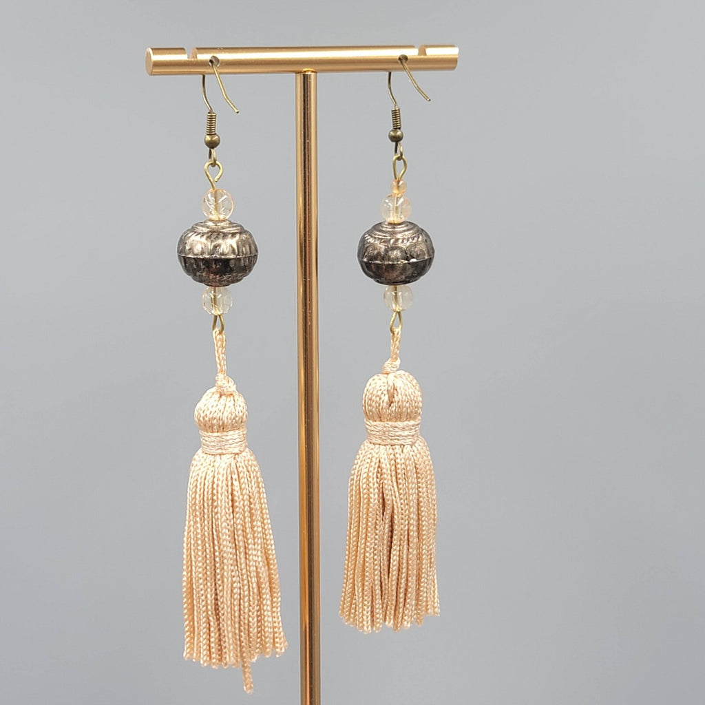 LONG Tassel Pierced Earrings Bronze tone Metal Beads Dangle 3.5"