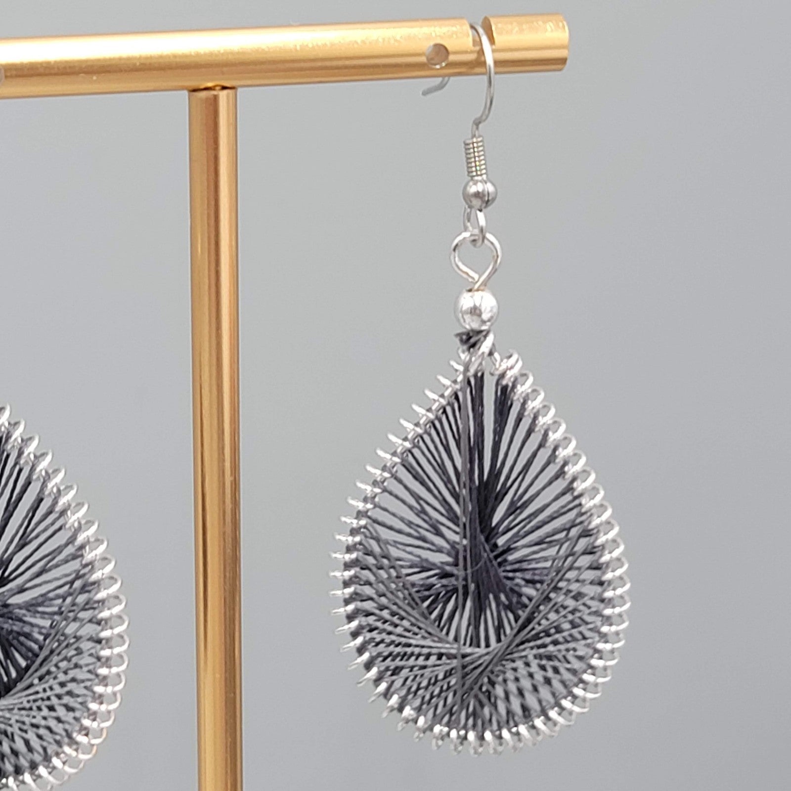 Teardrop gray String Art Pierced Earrings Silver tone Dangle 1 7/8"