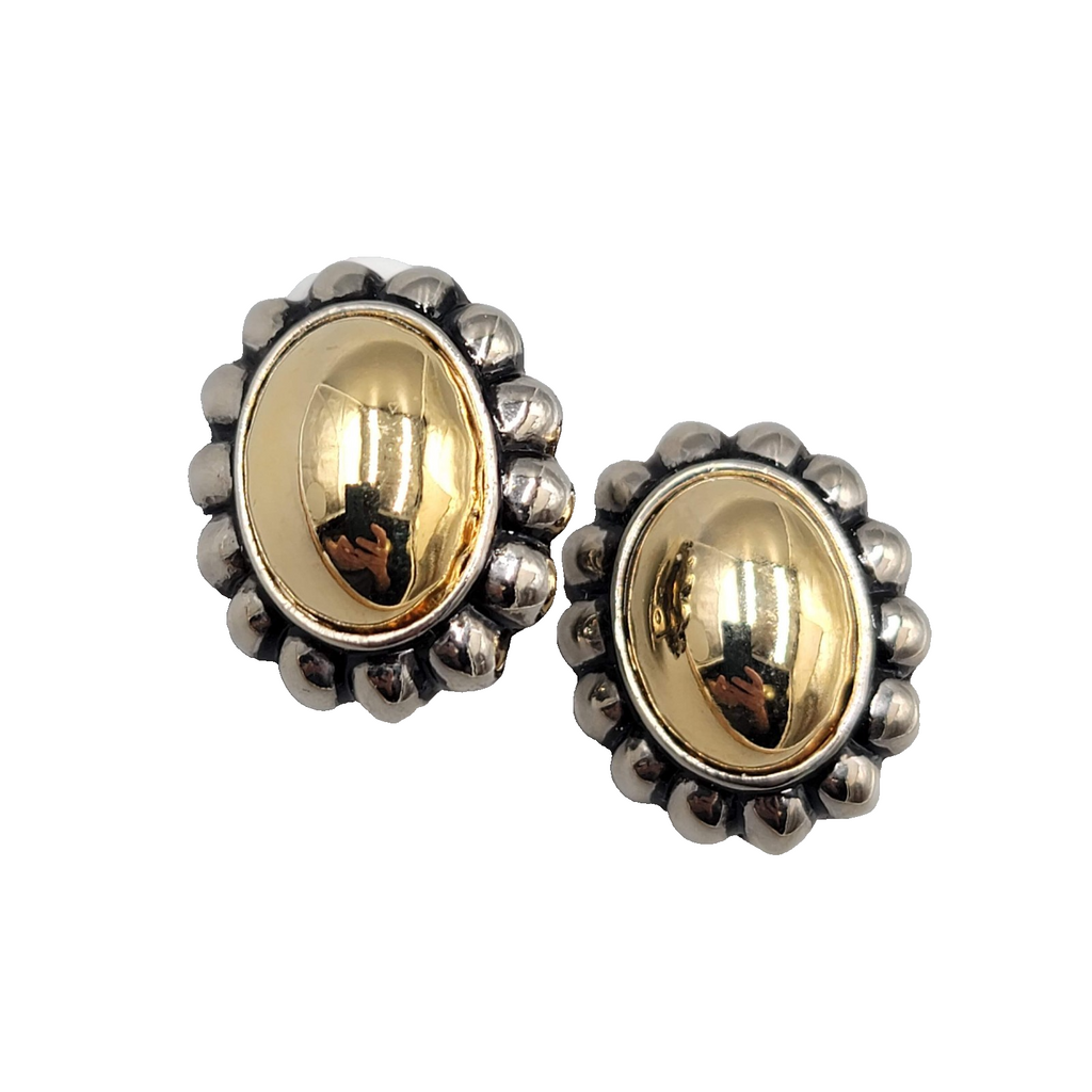 Vintage Two Toned Oval Clip on Earrings Gold Plated Drop 1 in