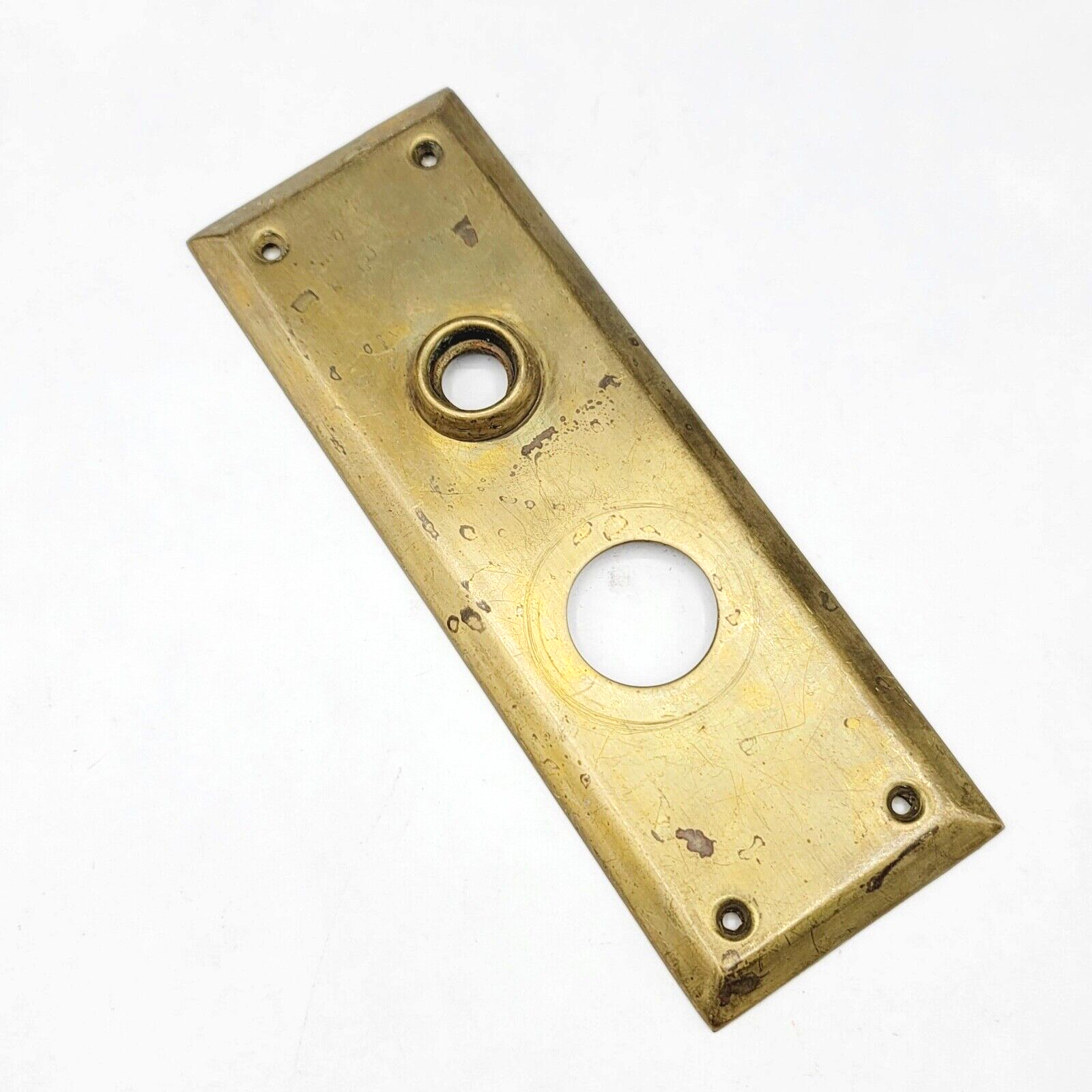 Vintage Brass Interior Doorknob Back Plate 8" x 2 3/4" holes 2 1/2"