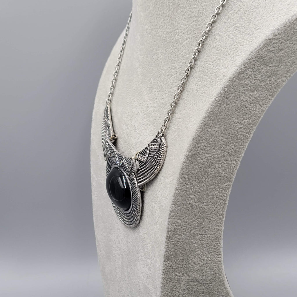 Silver tone Bib Statement Necklace Black Cabochon 20"