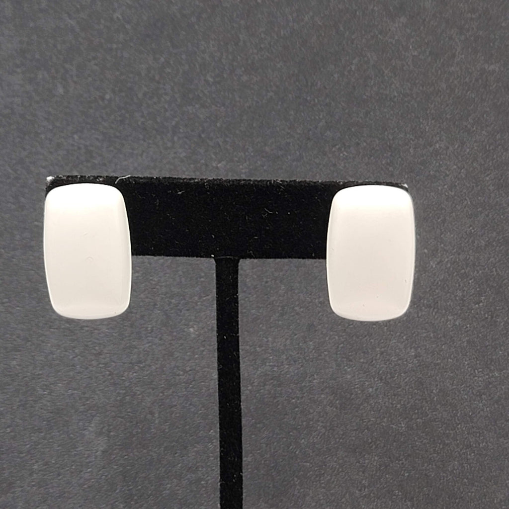 Vintage Pierced Earrings White Enamel over Metal Rectangle Drop 1"