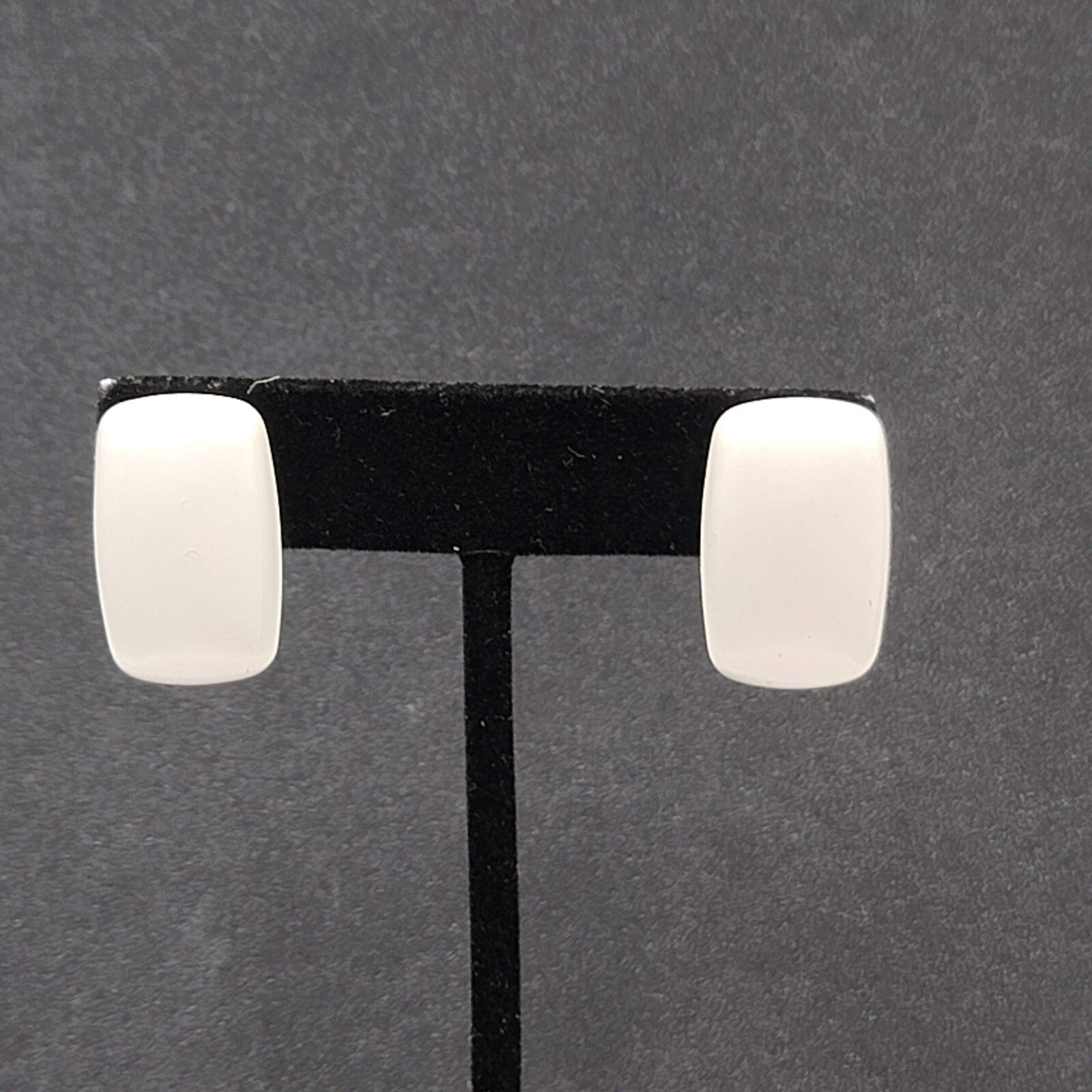 Vintage Pierced Earrings White Enamel over Metal Rectangle Drop 1"