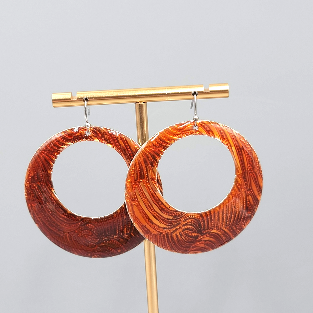 Large Statement Pierced Earrings Silver tone Dangle Orange-Red Enamel 2 in