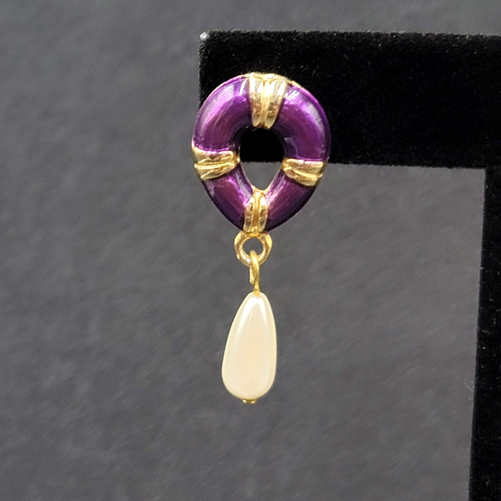 Vintage Pierced Earrings Purple Enamel Faux Pearl Teardrop Signed Dangle 1 3/8"