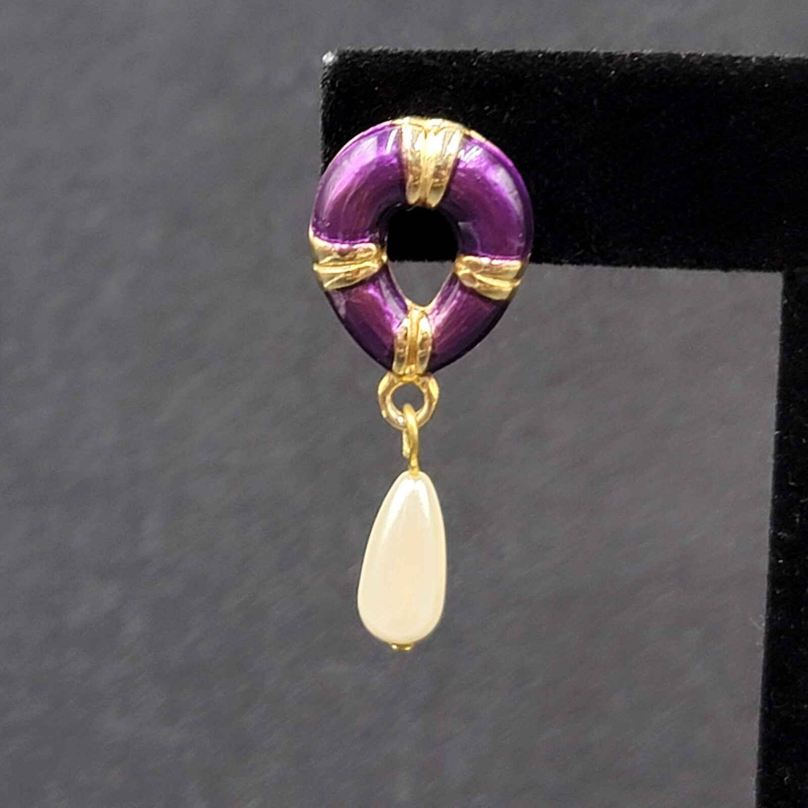 Vintage Pierced Earrings Purple Enamel Faux Pearl Teardrop Signed Dangle 1 3/8"