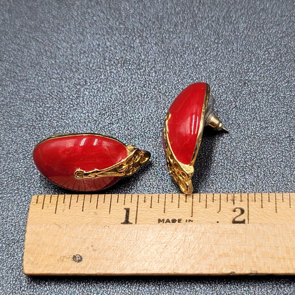 Vintage Pierced Earrings Gold tone Red Enamel Drop 1"