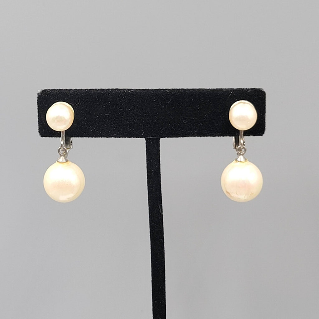 Vintage Clip on Earrings White Bead Dangle Silver tone Screw Back 1"