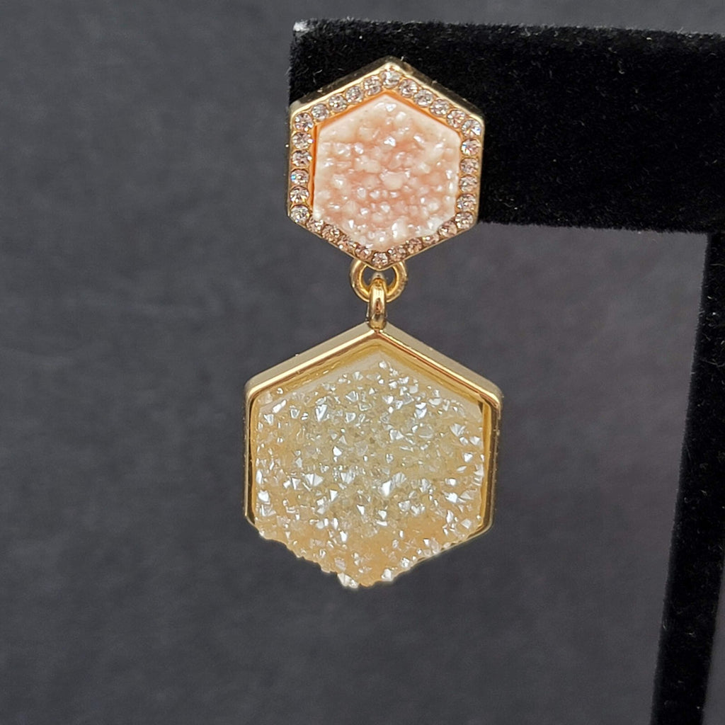 Sugar Fix Pierced Earrings Acrylic Pink Druzy Hexagon Dangle Gold tone 1.5"