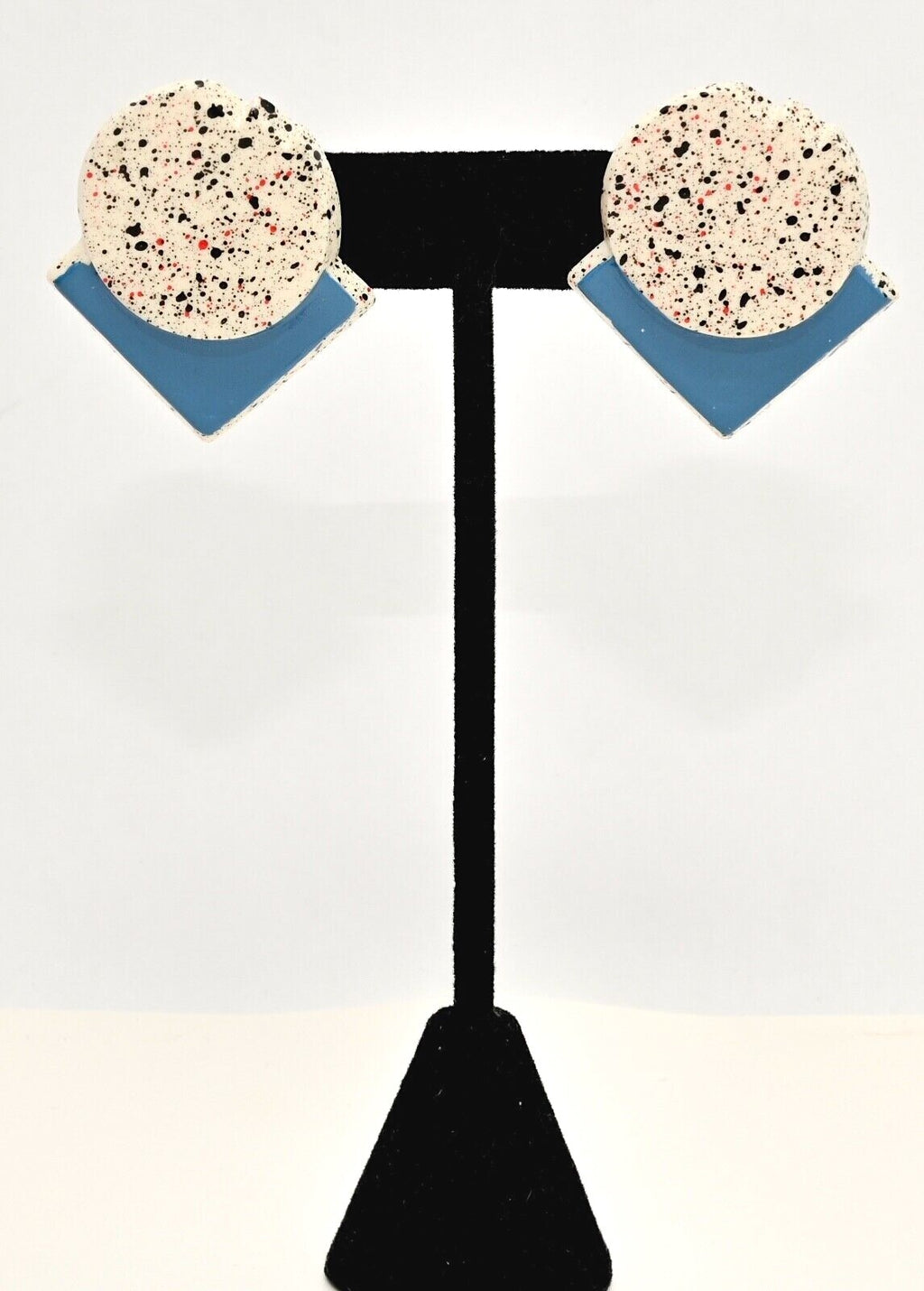 Vintage Fun Plastic Blue Speckle Painted Geometric Earrings Estate 1 1/2"