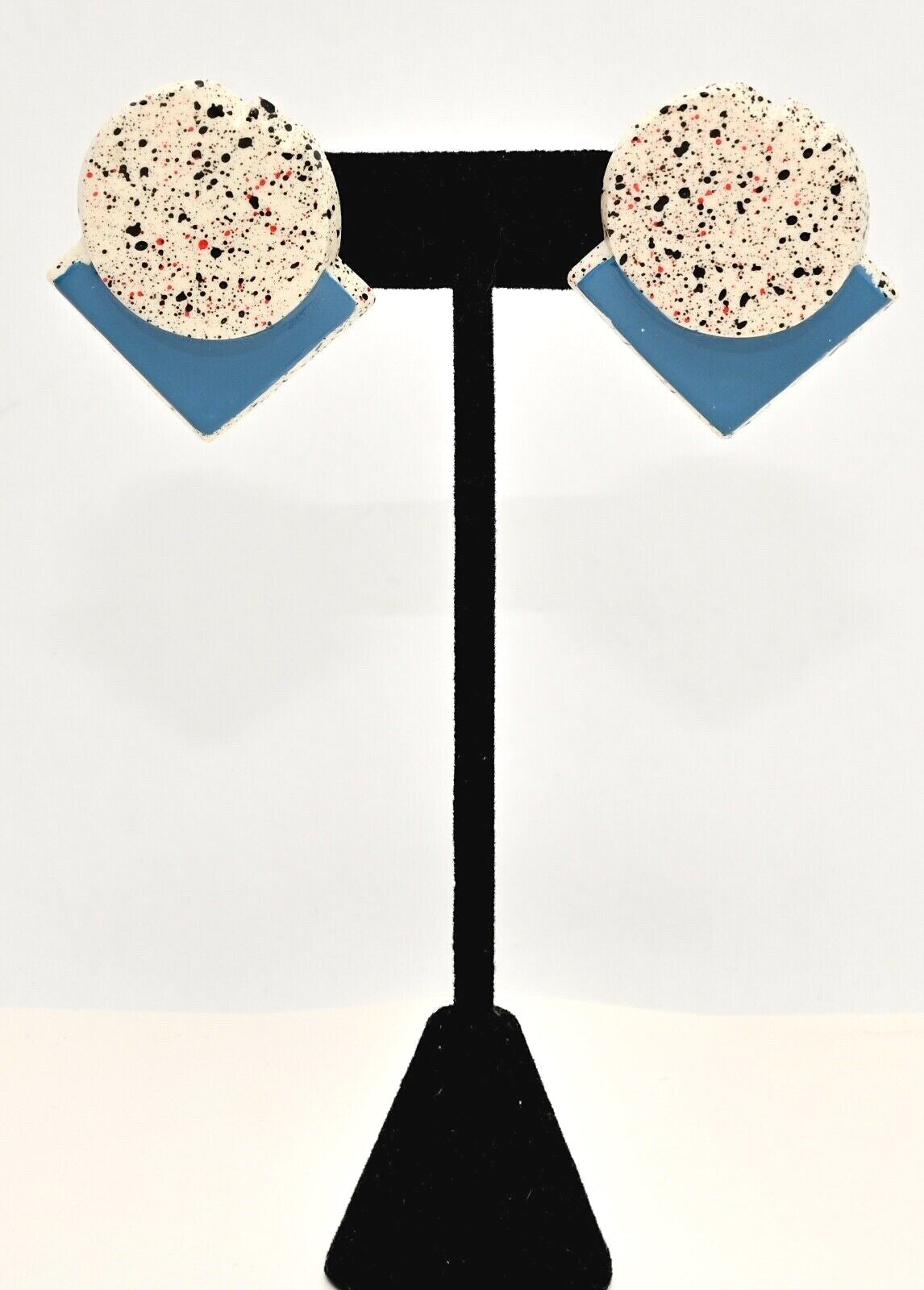 Vintage Fun Plastic Blue Speckle Painted Geometric Earrings Estate 1 1/2"