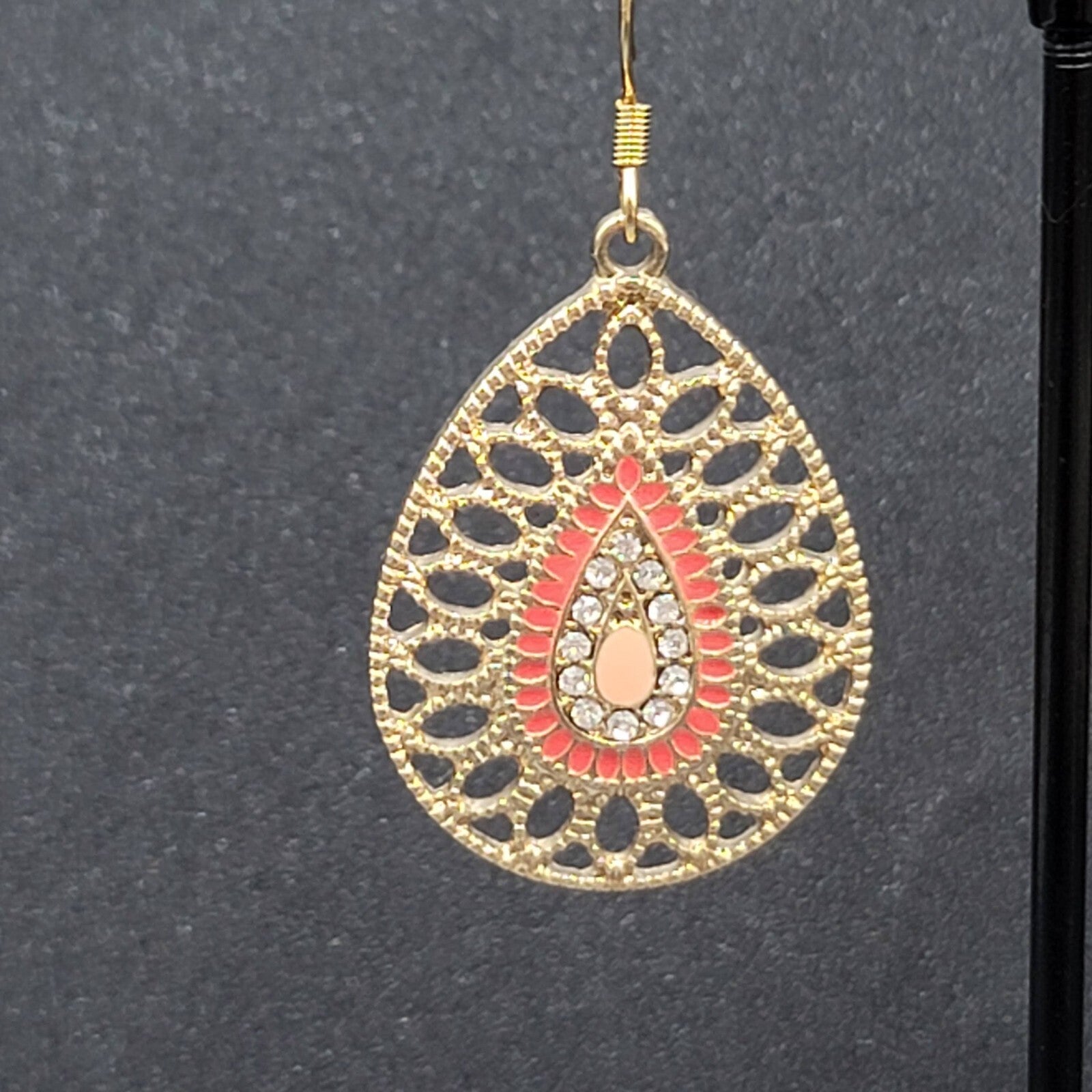 Pierced Earrings Gold tone Teardrop Rhinestone Enamel Dangle 1.25"