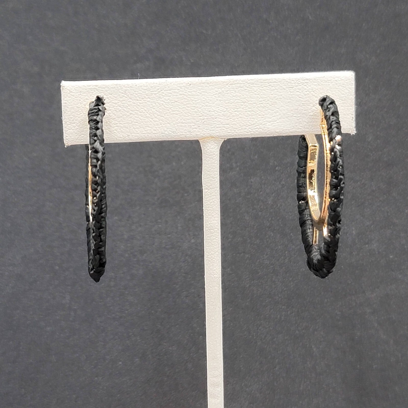 Pierced Earrings Gold tone Black String Wrapped Drop Hoops 1 5/8"