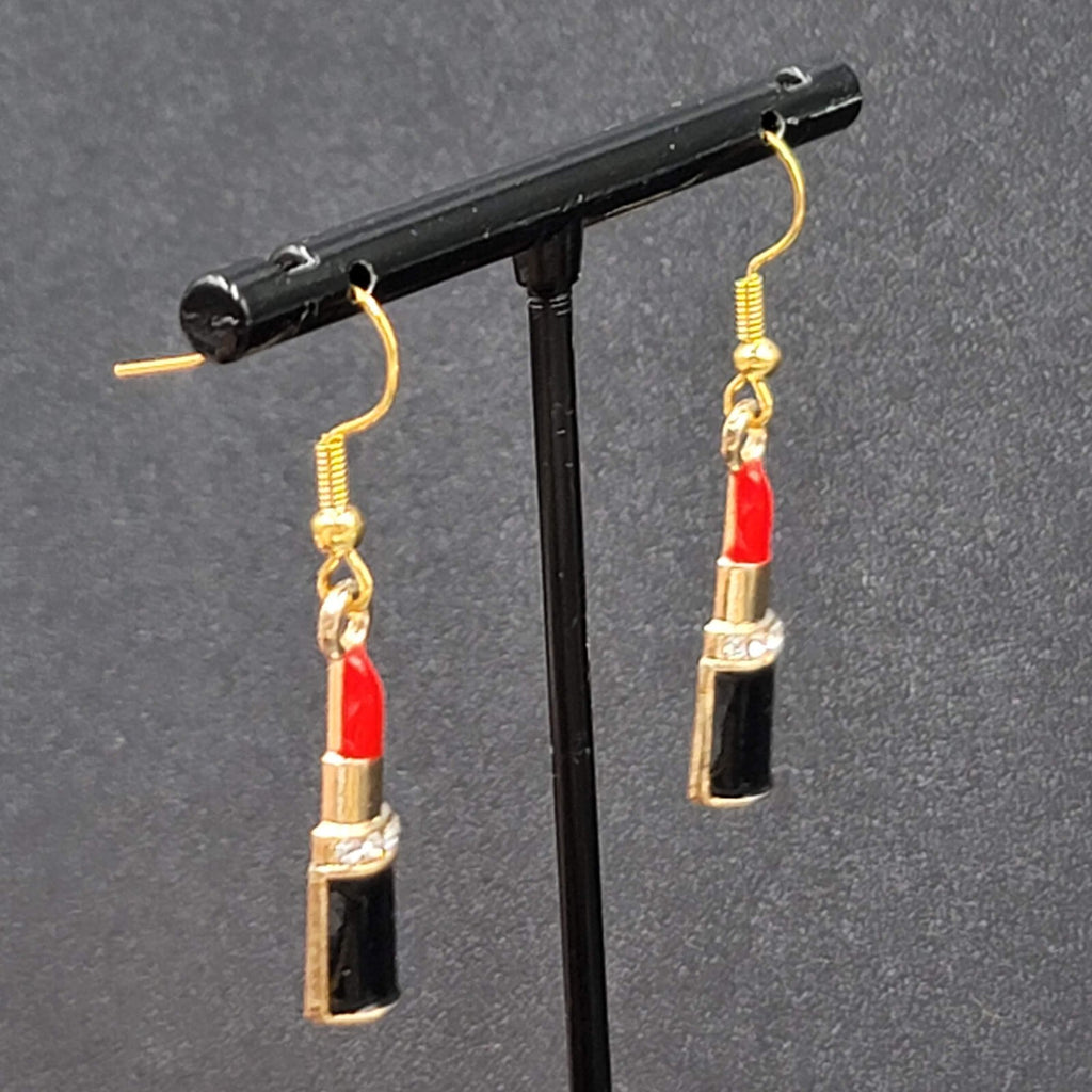 Lipstick Pierced Earrings 3D Gold tone Red Black Enamel Crystal Dangle 1"