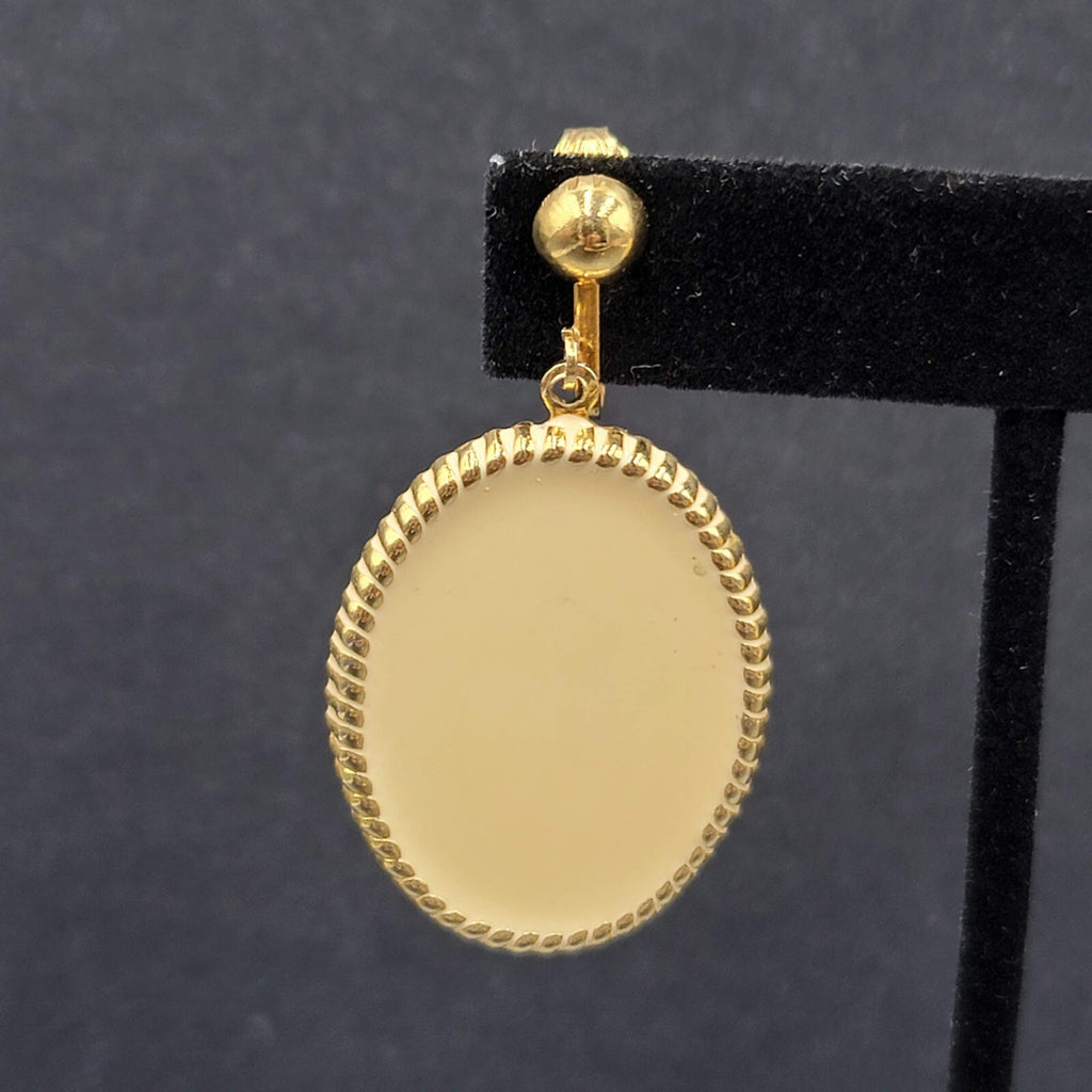 Vintage Clip on Earrings Gold tone Cream White Enamel Oval Dangle 1.5"