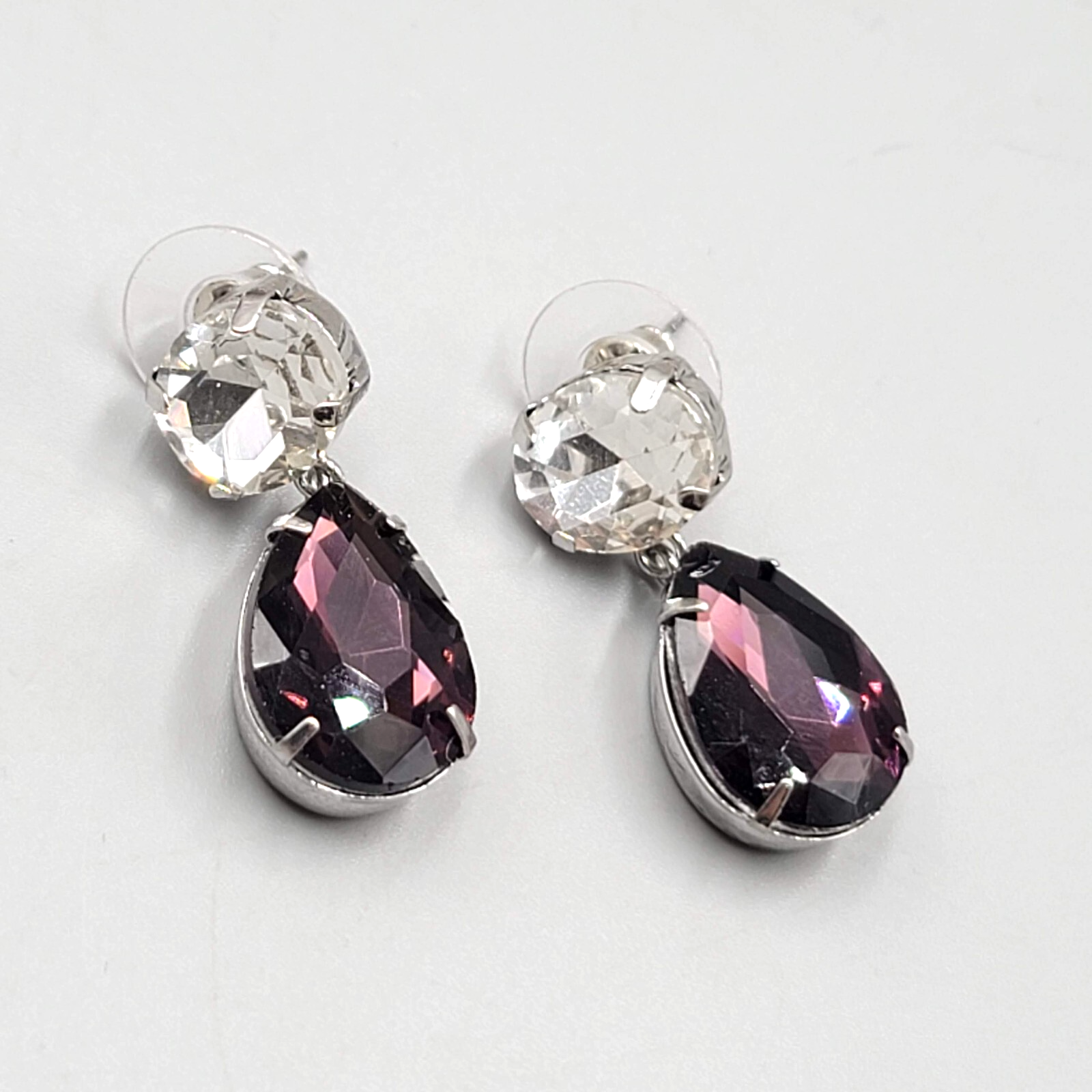 Purple Rhinestone Pierced Earrings Silve rtone Dangle Teardrop 1 1/8"