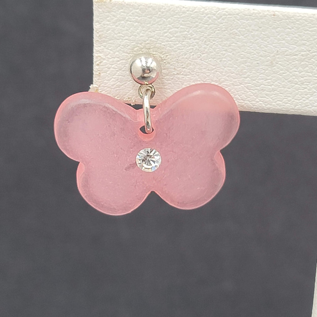 Butterfly Pierced Earrings Silver tone Pink Acrylic Bead Dangle 3/4"