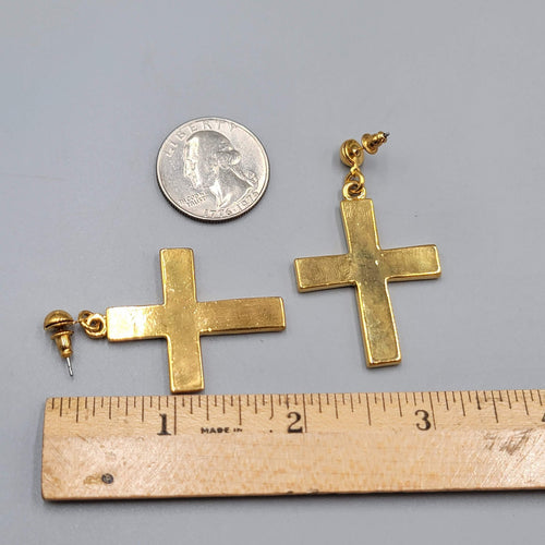 Cross Pierced Earrings Gold Plated Enamel Rhinestone Crystal Dangle 1.75"
