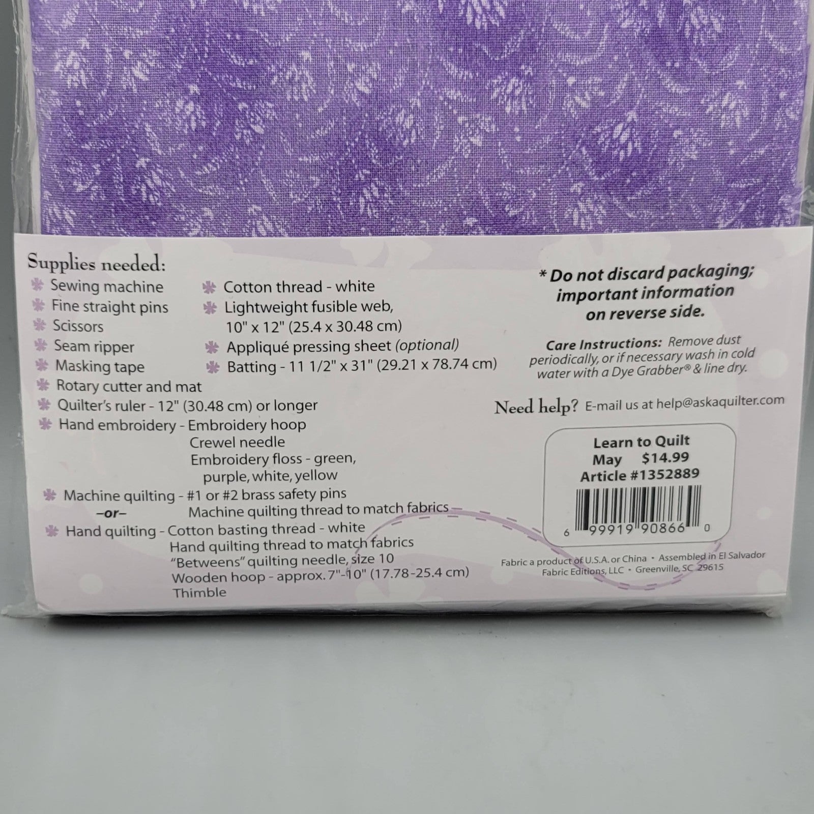 Learn To Quilt Wall Hangings Kit May Violets Purple Flowers Roberta Elliot
