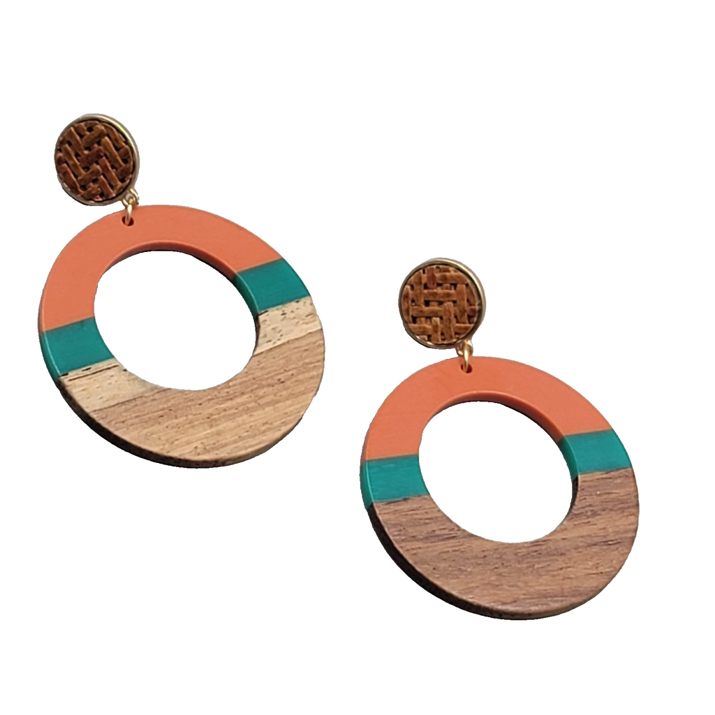 Large Wood Boho Resin Hoops Pierced Earrings Orange Teal 2.75 in