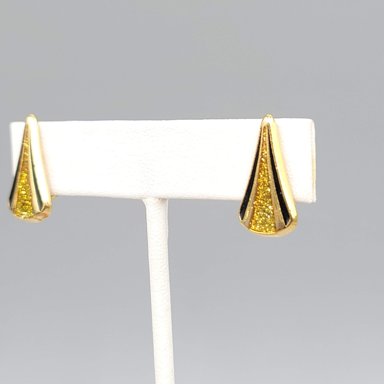 Vintage Clip on Earrings Glitter Gold tone Black Enamel Drop 3/4"