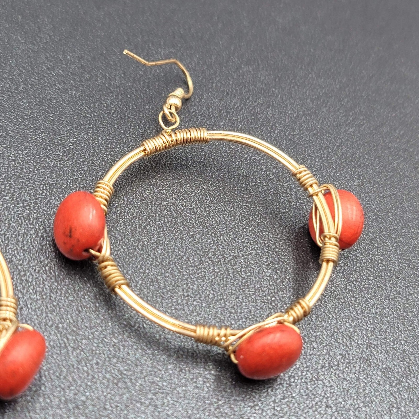 Pierced Earrings Gold tone Orange Stone Bead Dangle Hoops 1.75"