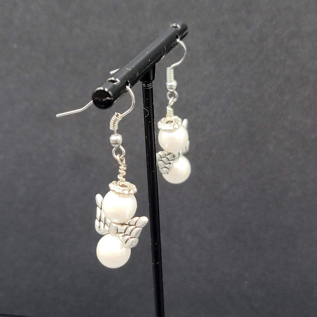 Angel Pierced Earrings Silver tone White Bead Dangle  1"