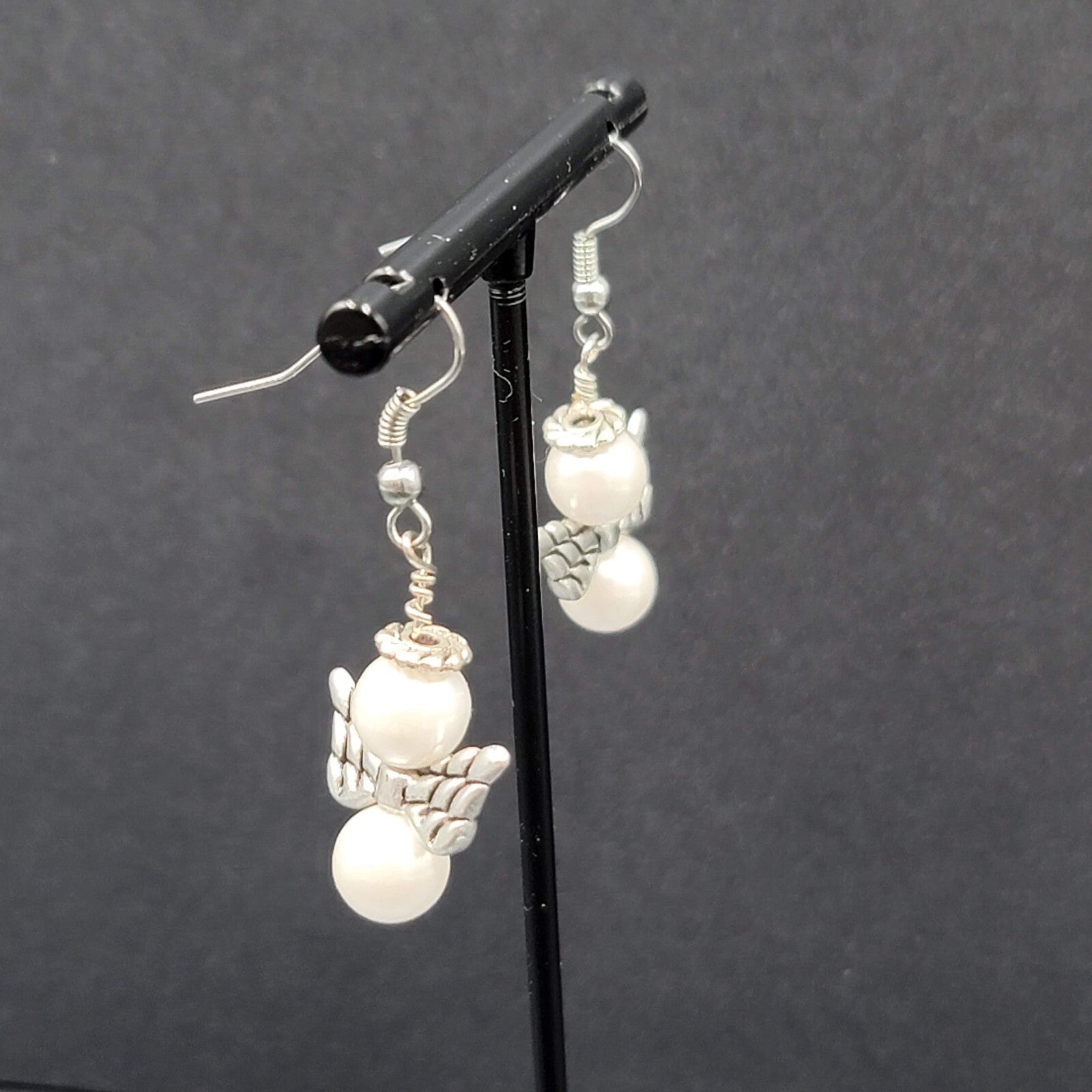Angel Pierced Earrings Silver tone White Bead Dangle  1"
