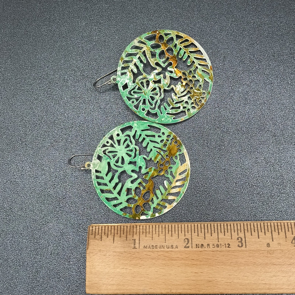 Pierced Earrings Metal Open Work Brown and Green Enamel Medallion Dangle 2"