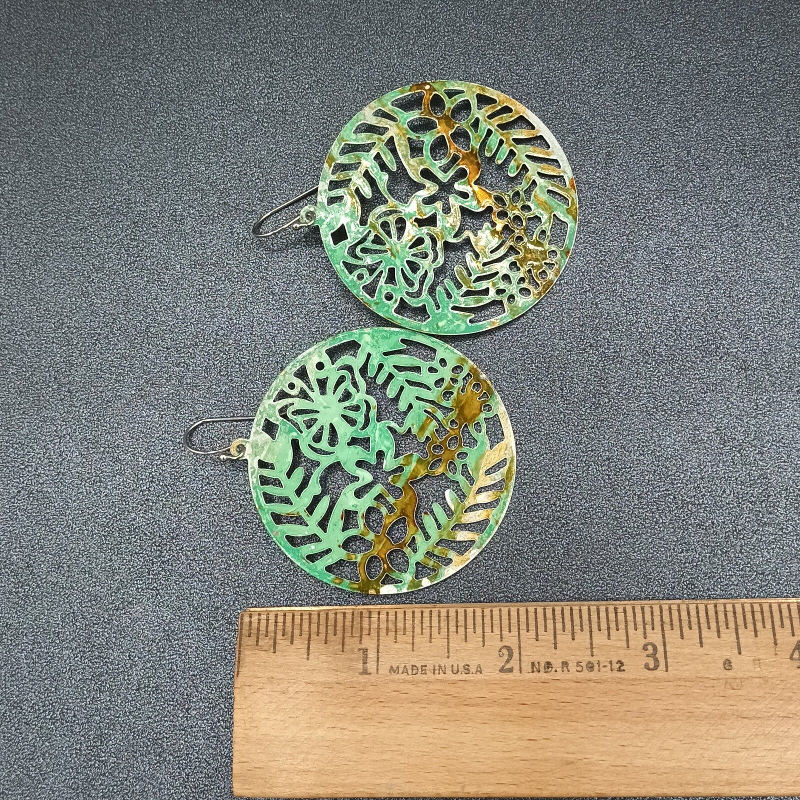 Pierced Earrings Metal Open Work Brown and Green Enamel Medallion Dangle 2"
