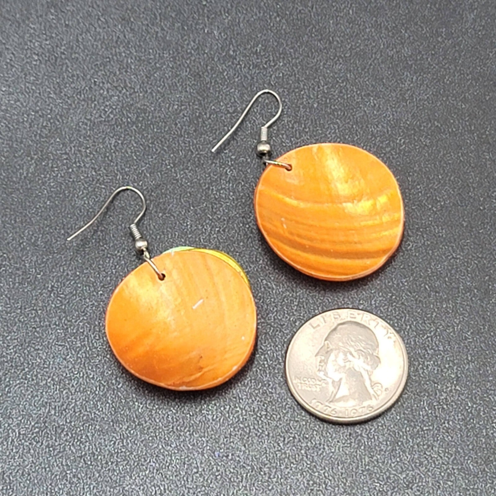 Pierced Earrings Silver tone Black Striped Shell Dangle 1.25"