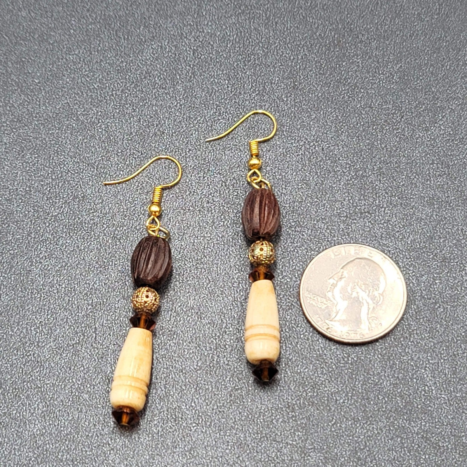 Pierced Earrings Gold tone Wood Hand Carved Beads Dangle 2"