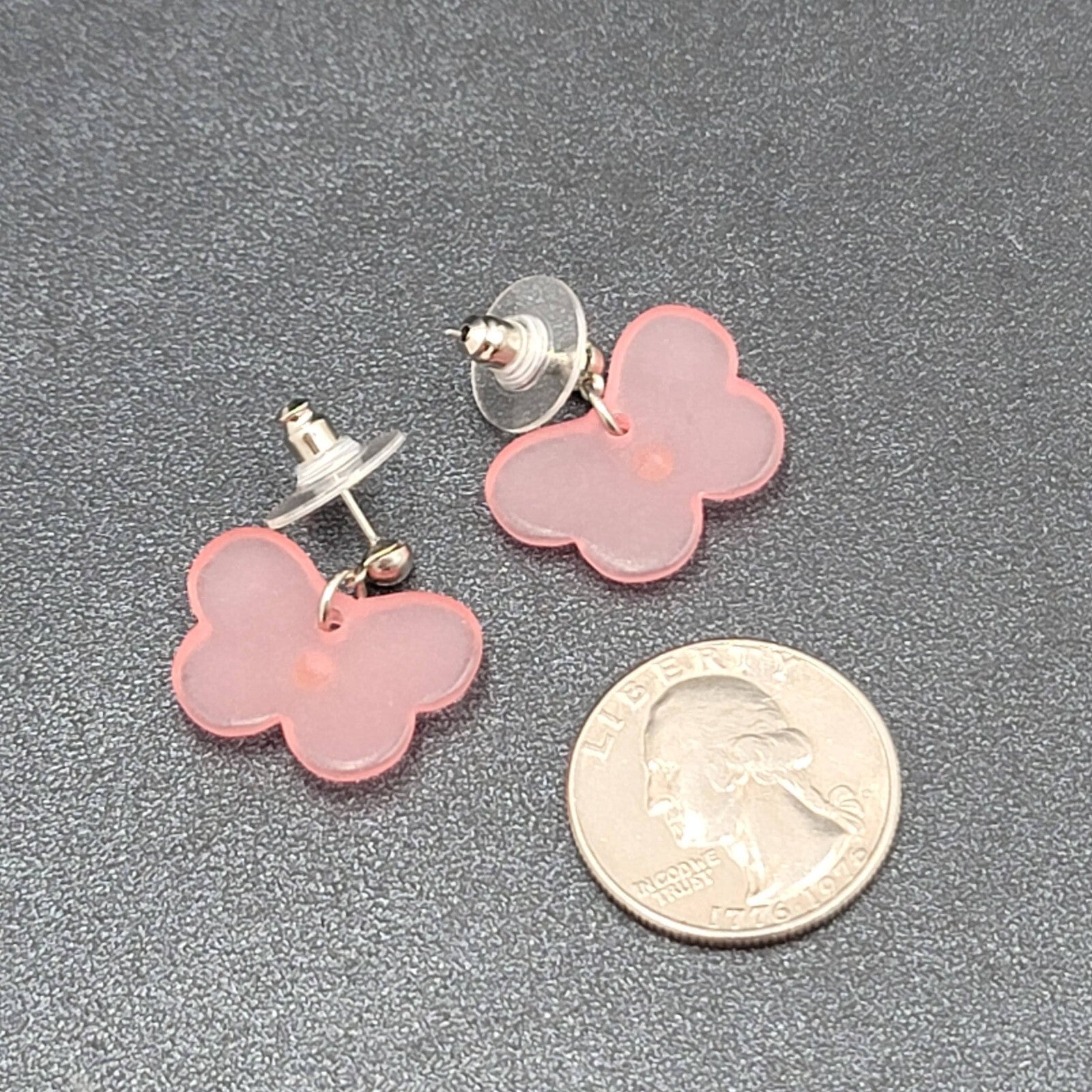 Butterfly Pierced Earrings Silver tone Pink Acrylic Bead Dangle 3/4"